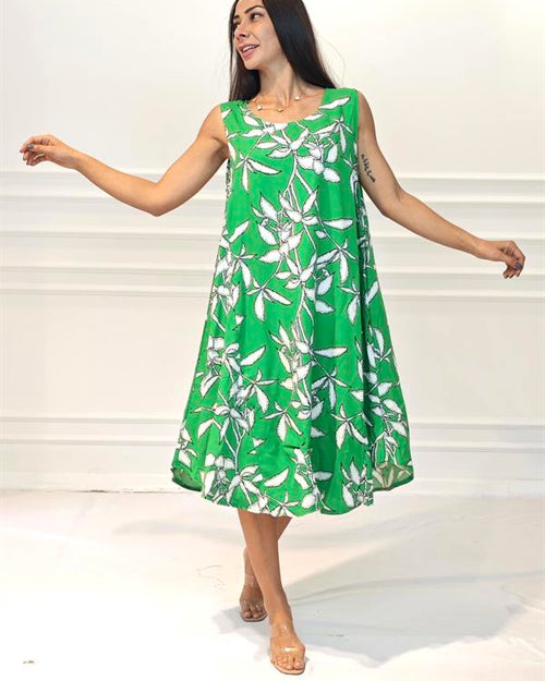 Yeşil Çiçekli U Yaka Askılı Midi Elbise