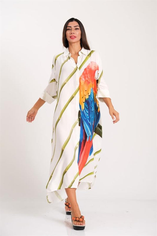 Yeşil bambu desenli ve büyük papağan baskılı, uzun kollu, düğmeli beyaz gömlek elbise.