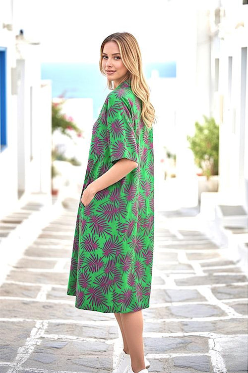 Yeşil Desenli Gömlek Yaka Cepli Kısa Elbise