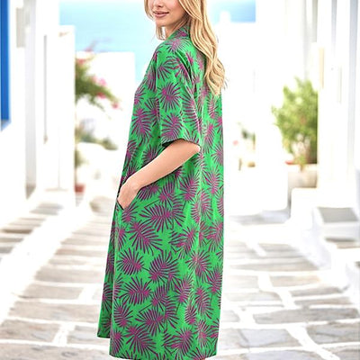 Yeşil Desenli Gömlek Yaka Cepli Kısa Elbise