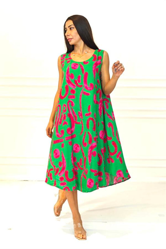 Yeşil Desenli U Yaka Askılı Midi Elbise