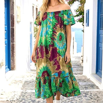 Yeşil Etnik Desenli Madonna Yaka Elbise