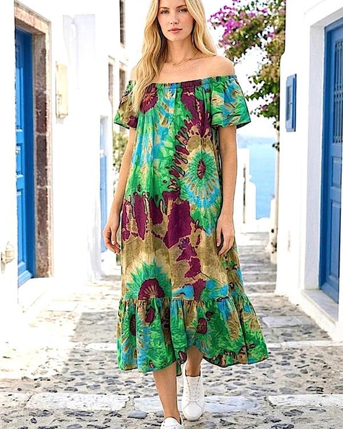 Yeşil Etnik Desenli Madonna Yaka Elbise