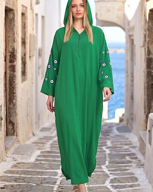 Yeşil Kapüşonlu Sırtı Ve Kolları Kabartma Baskılı Oversize Uzun Elbise