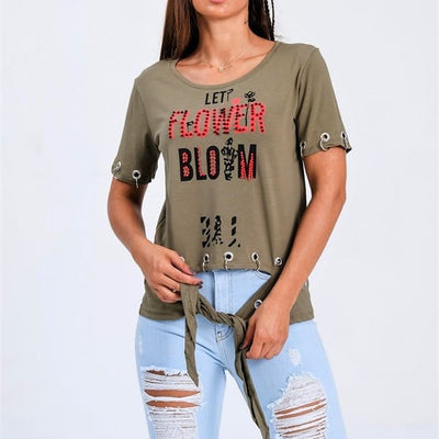 Green Birdseye Detail Front Tie Embellished T-Shirt