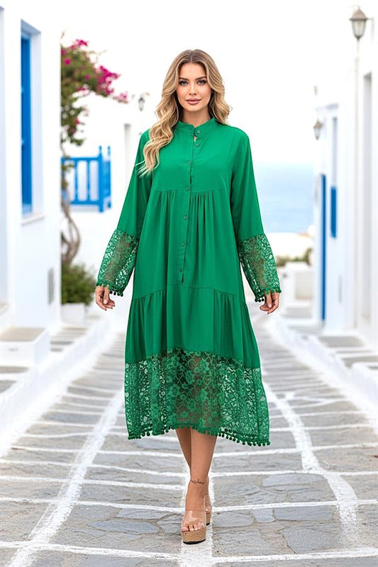 Yeşil Önden Düğmeli Kolları Ve Eteği Dantelli Ponponlu Midi Elbise