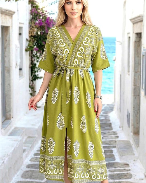 Yeşil V Yaka Belden Bağlamalı Uzun Elbise