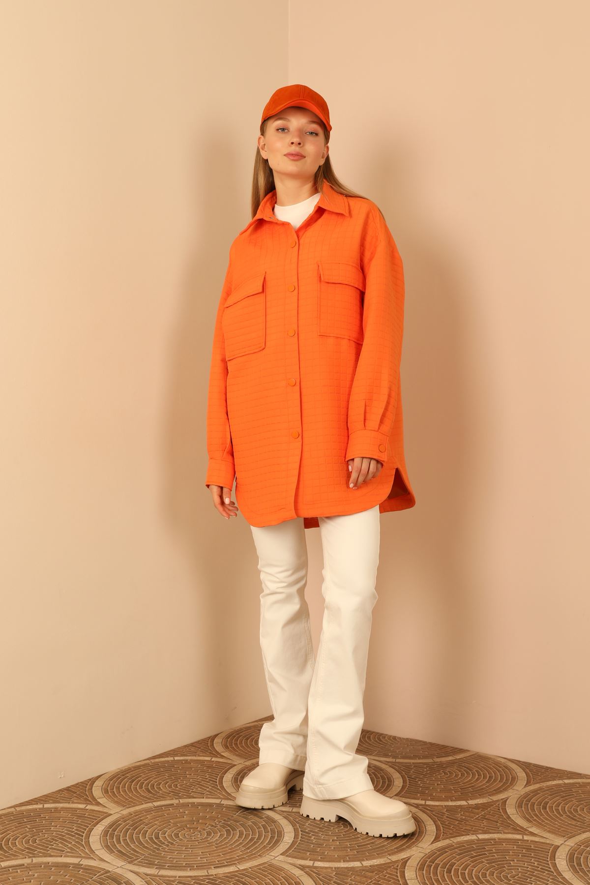 Jakar%20Kumaş%20Küçük%20Kare%20Desen%20Oversize%20Kadın%20Gömlek-Oranj