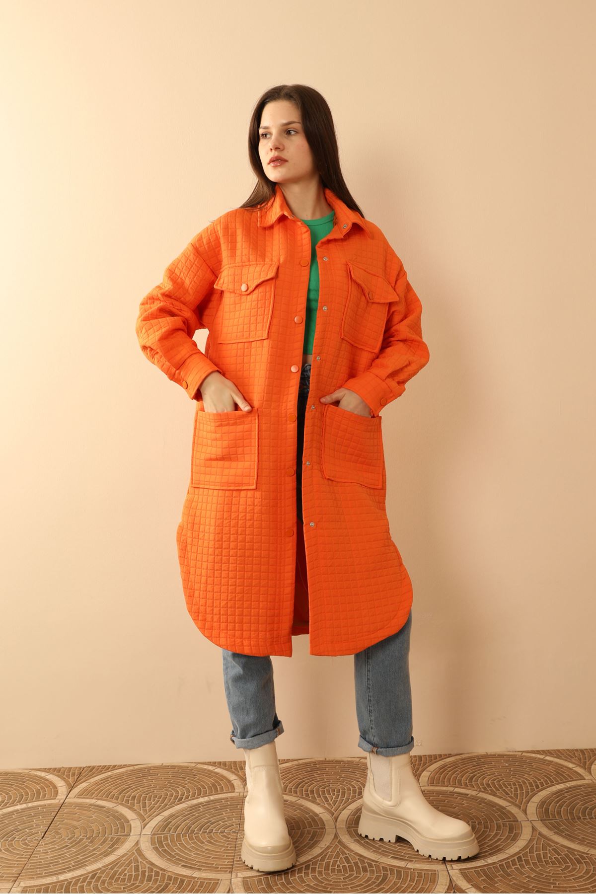 Jakar%20Kumaş%20Küçük%20Pitikare%20Oversize%20Uzun%20Gömlek-Oranj