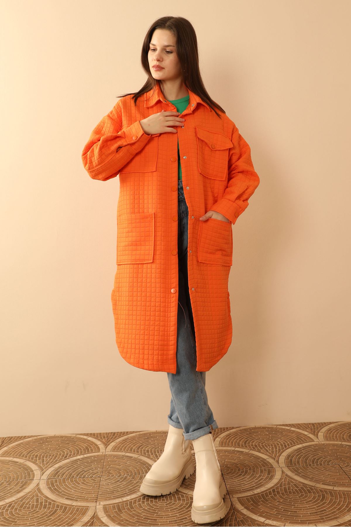 Jakar%20Kumaş%20Küçük%20Pitikare%20Oversize%20Uzun%20Gömlek-Oranj