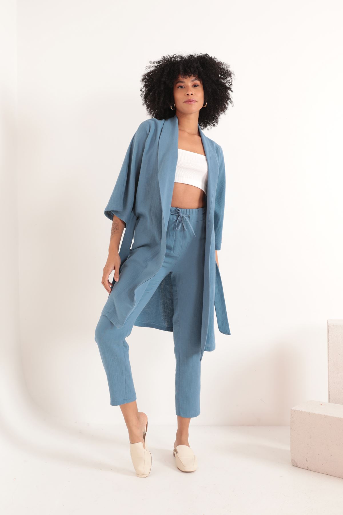 Müslin%20Kumaş%20Oversize%20Kadın%20Kimono-İndigo