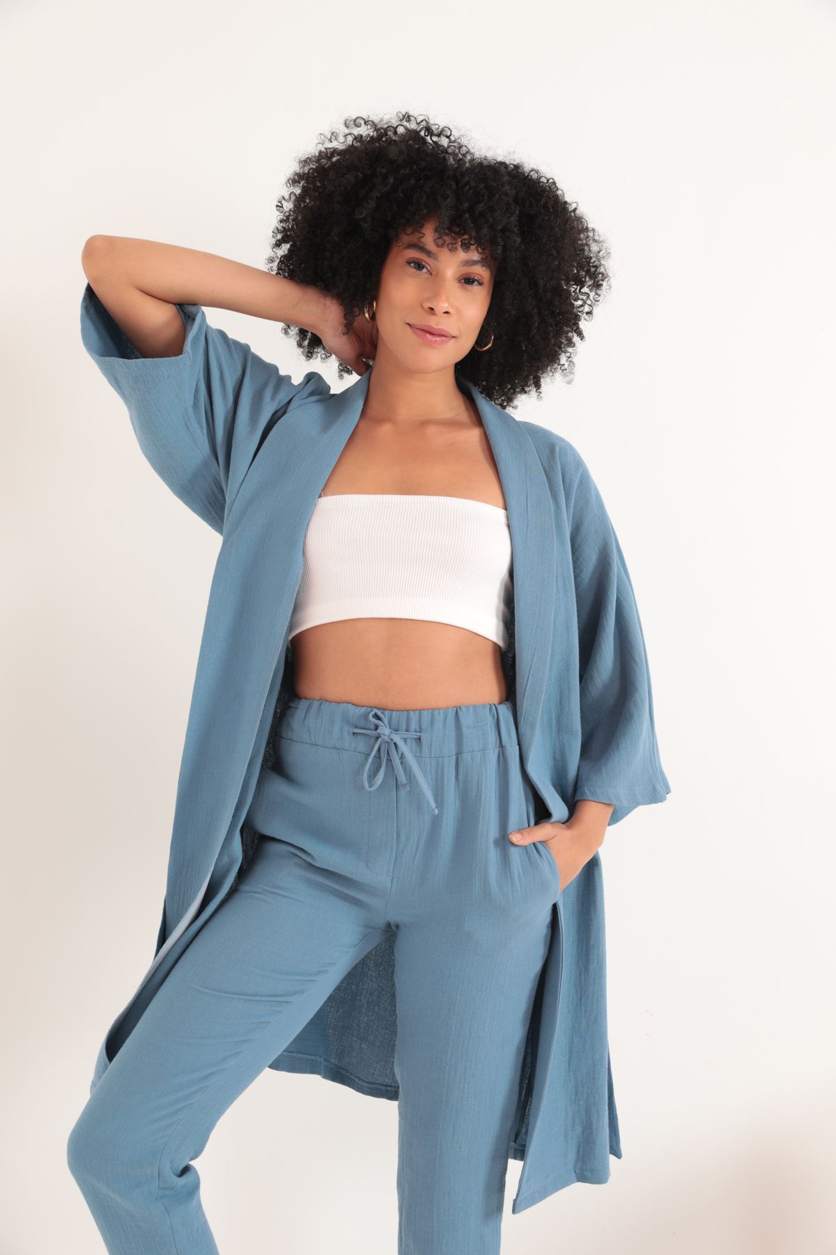 Müslin%20Kumaş%20Oversize%20Kadın%20Kimono-İndigo