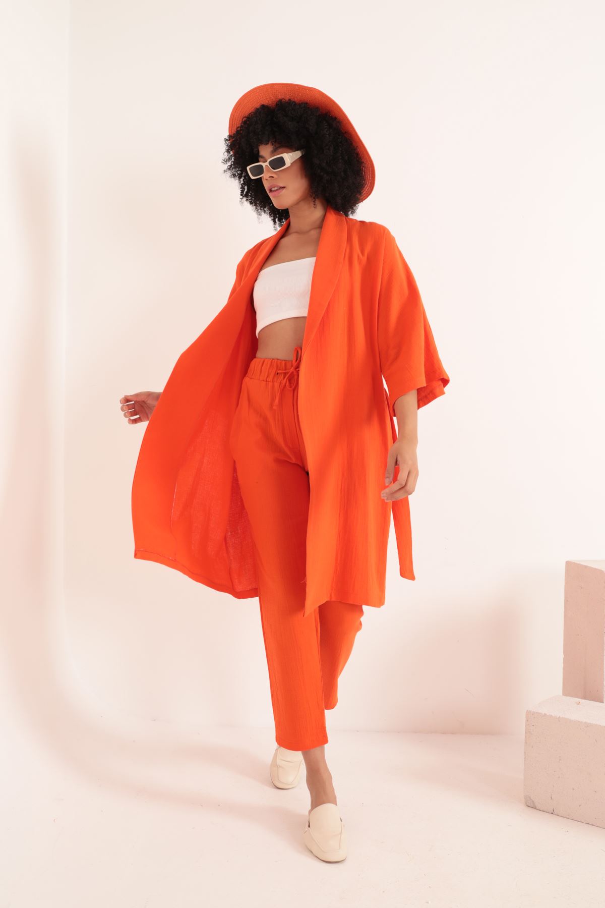 Müslin%20Kumaş%20Oversize%20Kadın%20Kimono-Oranj