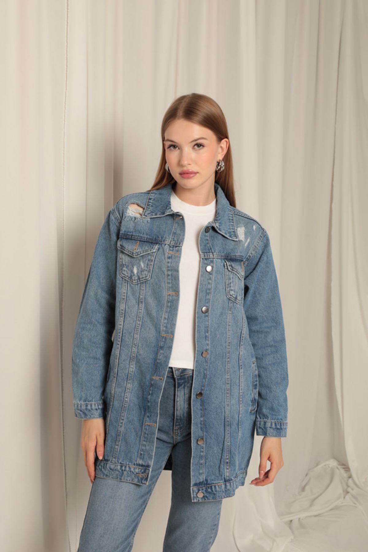 Denim%20Kumaş%20Uzun%20Kadın%20Mavi%20Kot%20Ceket