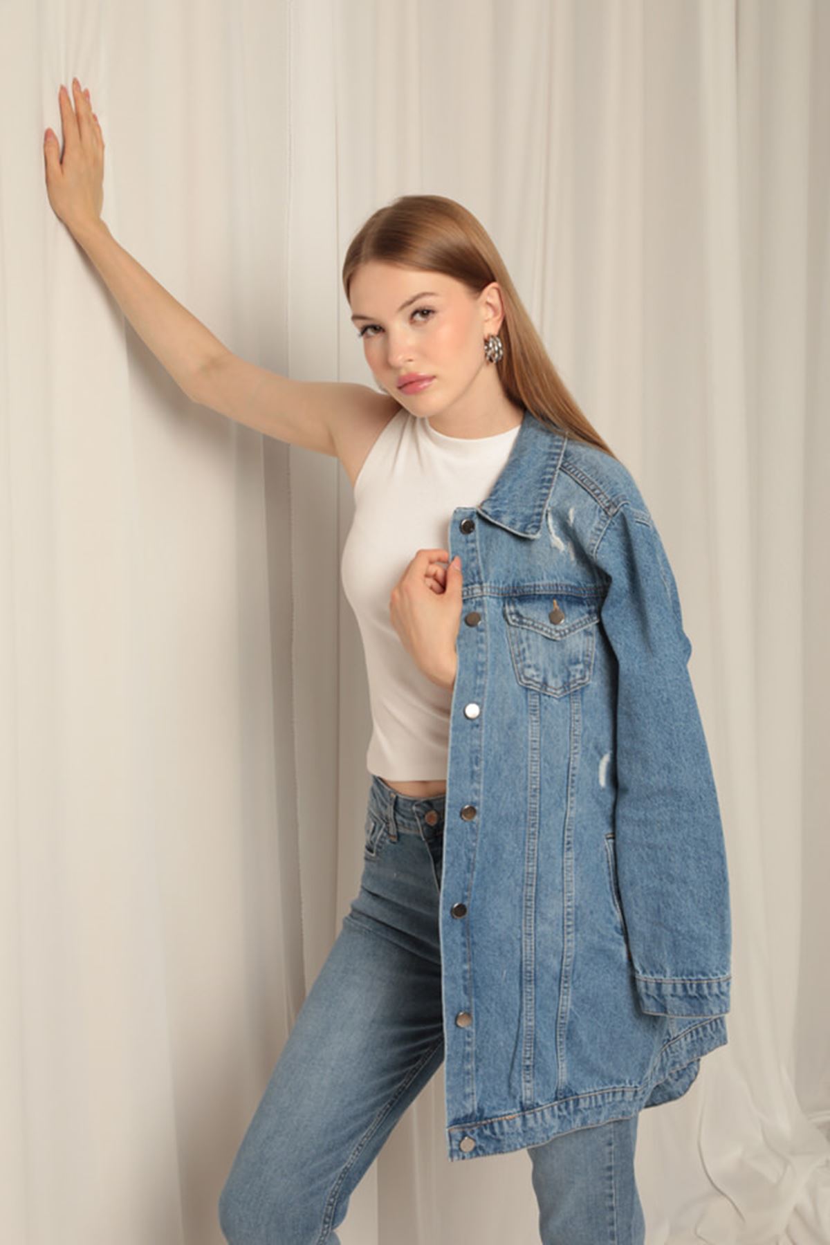 Denim%20Kumaş%20Uzun%20Kadın%20Mavi%20Kot%20Ceket