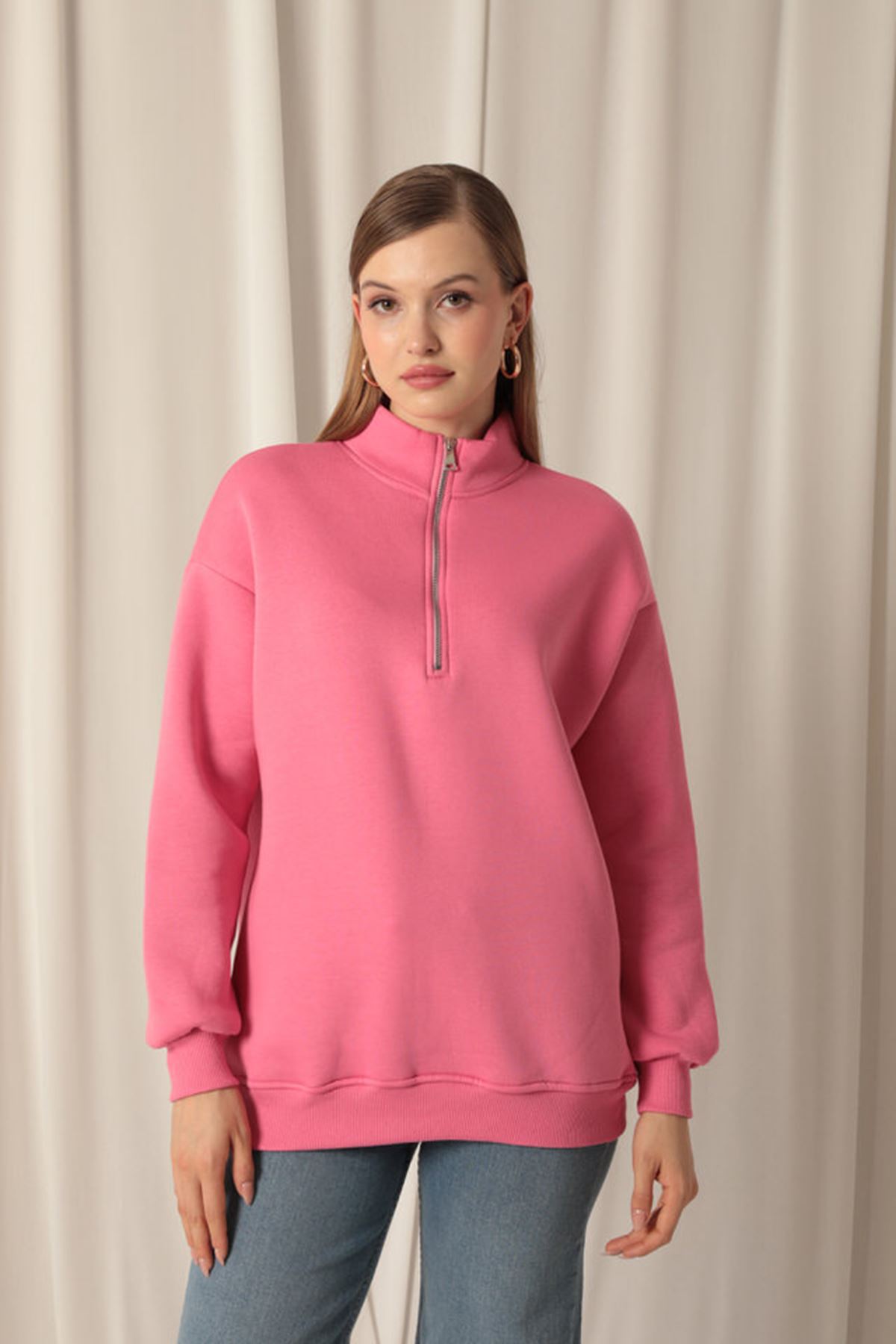 Üç%20İplik%20Dik%20Yaka%20Yarım%20Fermuarlı%20Kadın%20Pembe%20Sweat