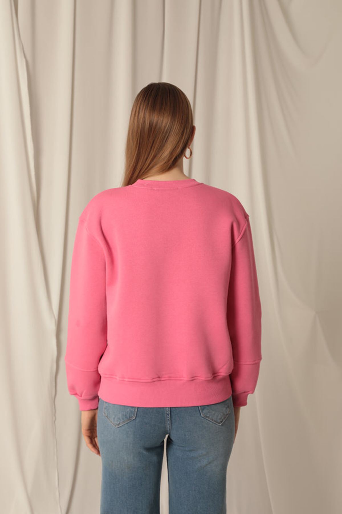 Üç%20İplik%20Kolu%20Çimalı%20Sıfır%20Yaka%20Kadın%20Pembe%20Sweat