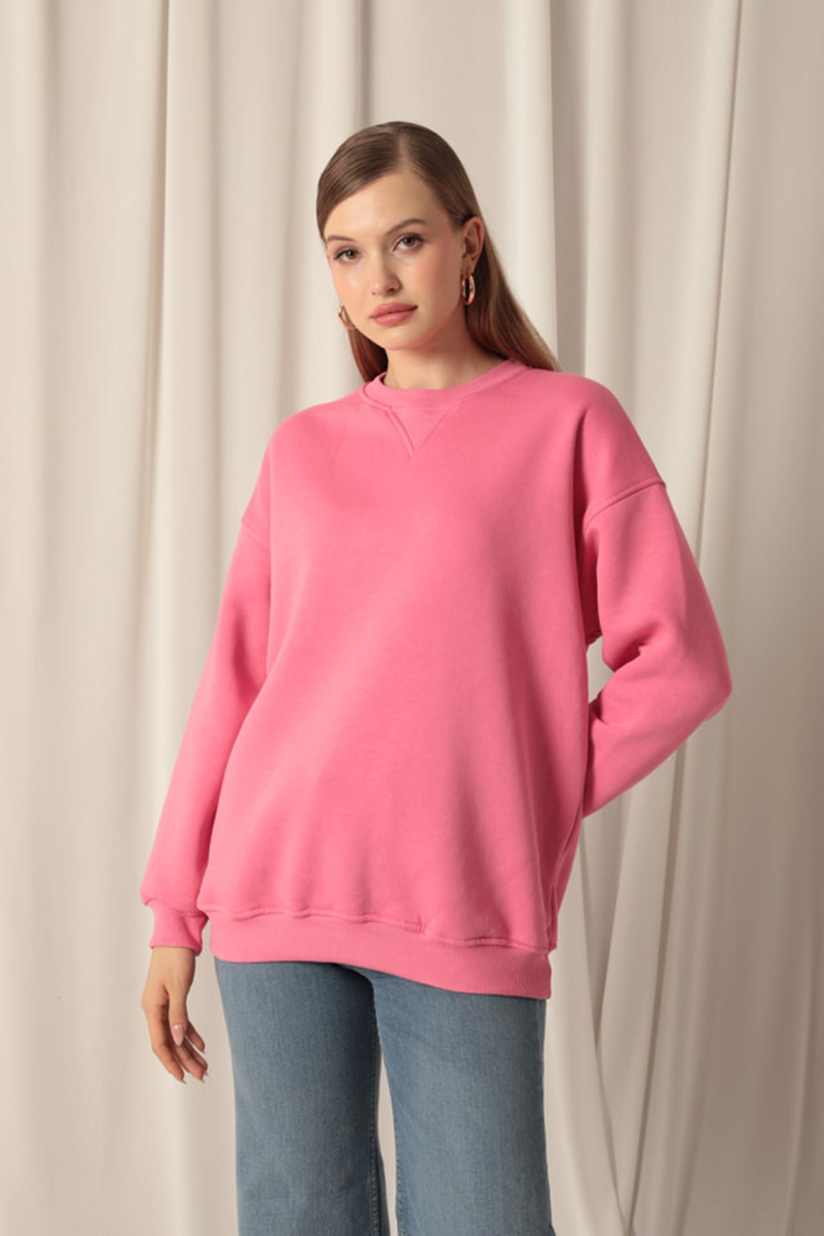 Üç%20İplik%20Karyokalı%20Sıfır%20Yaka%20Kadın%20Pembe%20Sweat