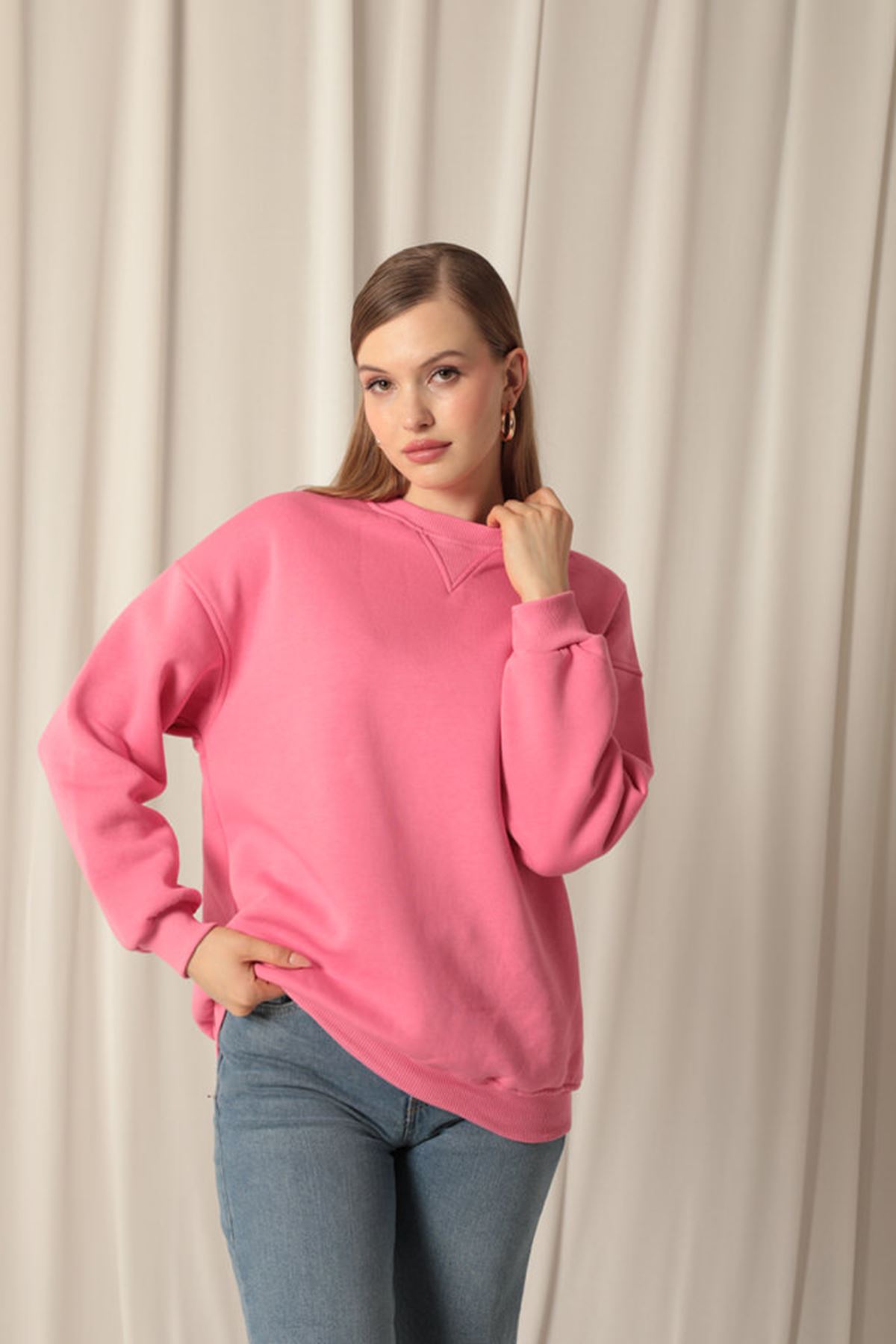 Üç%20İplik%20Karyokalı%20Sıfır%20Yaka%20Kadın%20Pembe%20Sweat