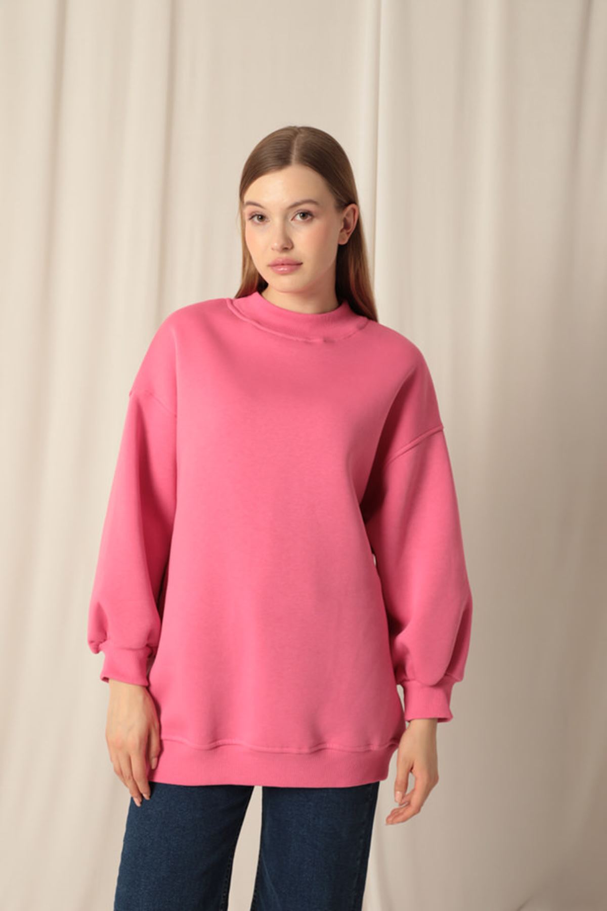 Üç%20İplik%20Dik%20Yaka%20Uzun%20Basıc%20Kadın%20Pembe%20Sweat