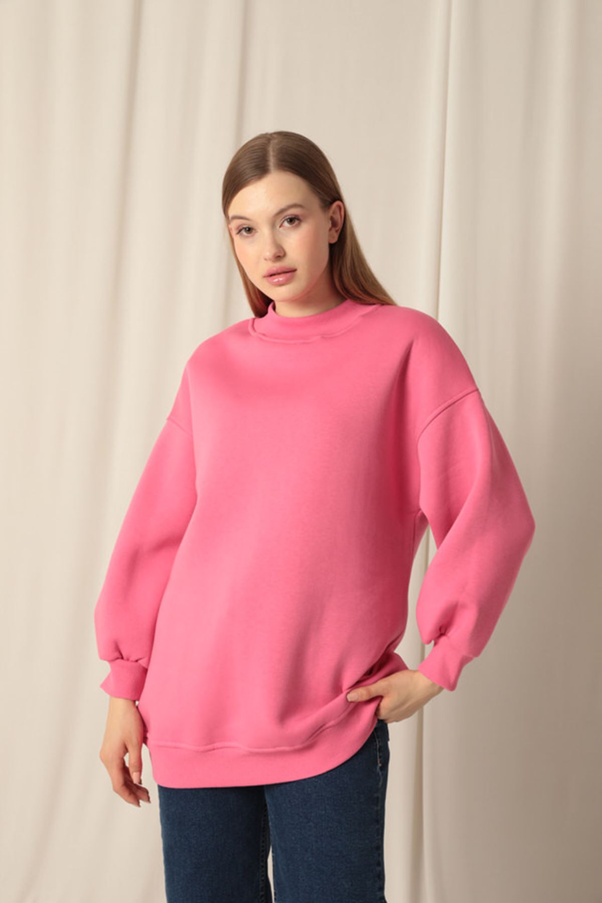 Üç%20İplik%20Dik%20Yaka%20Uzun%20Basıc%20Kadın%20Pembe%20Sweat