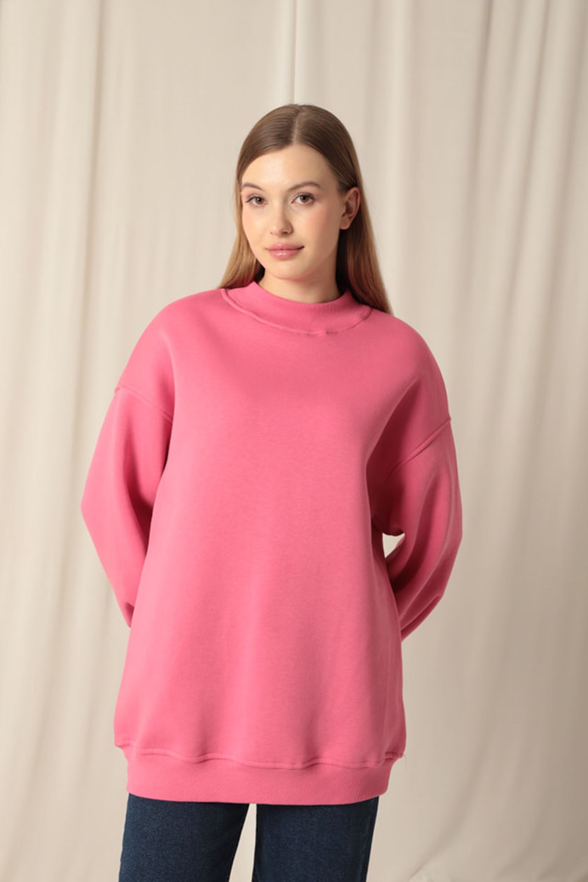 Üç%20İplik%20Dik%20Yaka%20Uzun%20Basıc%20Kadın%20Pembe%20Sweat