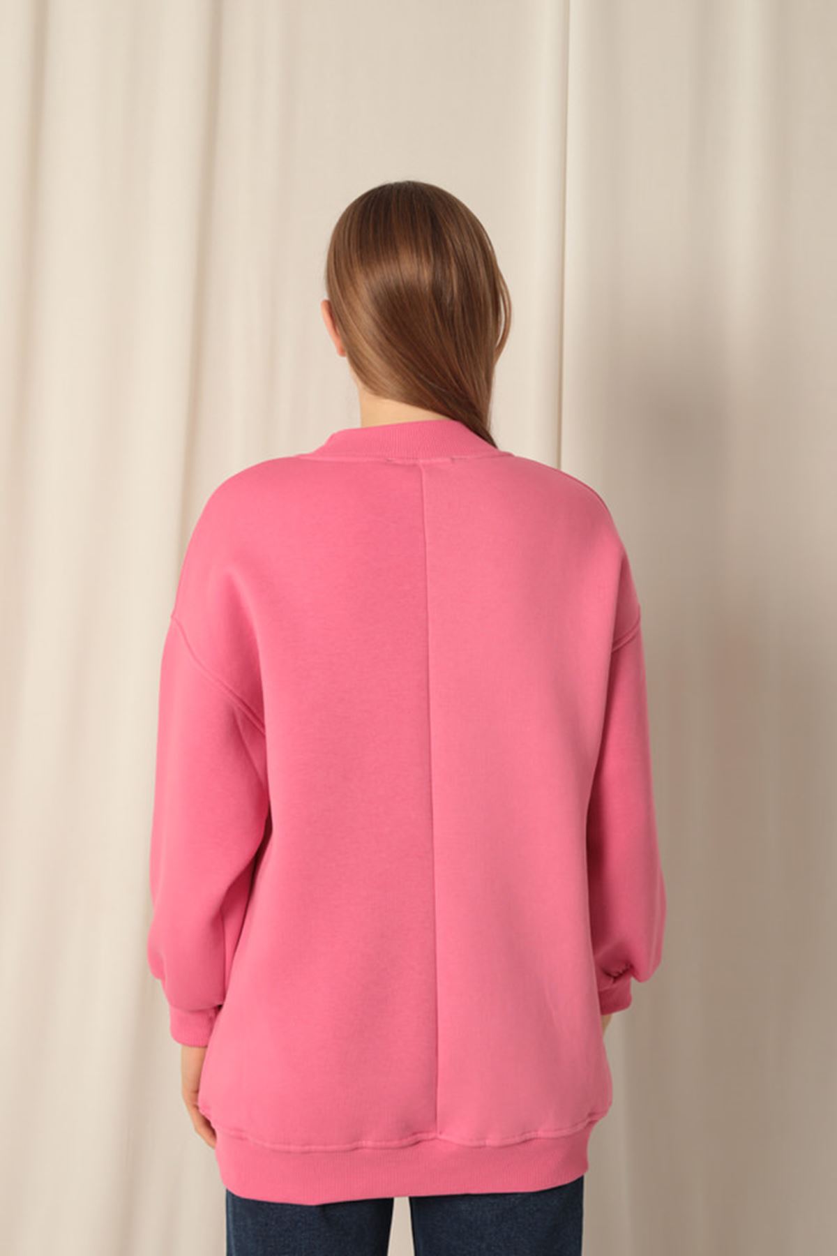 Üç%20İplik%20Dik%20Yaka%20Uzun%20Basıc%20Kadın%20Pembe%20Sweat