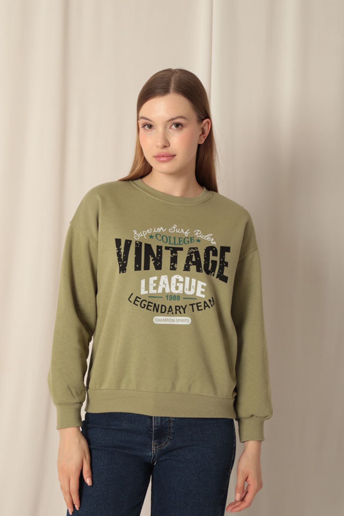 Üç%20İplik%20Kumaş%20Vintage%20Baskılı%20Kadın%20Haki%20Sweat