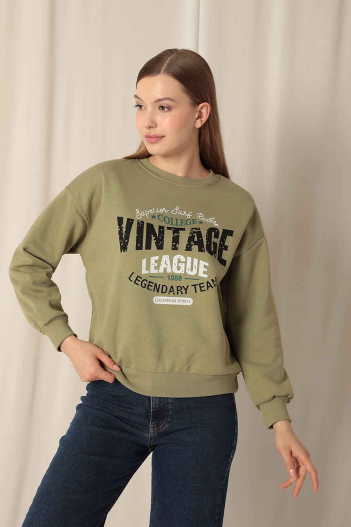 Üç%20İplik%20Kumaş%20Vintage%20Baskılı%20Kadın%20Haki%20Sweat