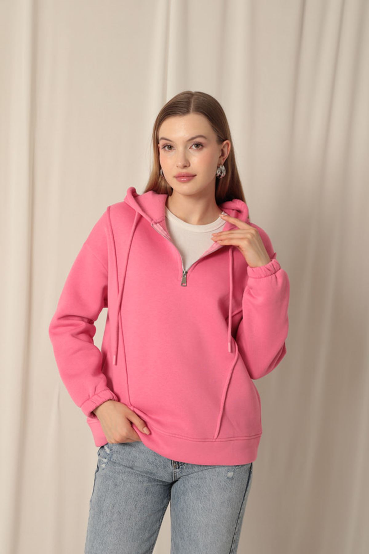 Üç%20İplik%20Kumaş%20Fermuarlı%20Kadın%20Pembe%20Sweat