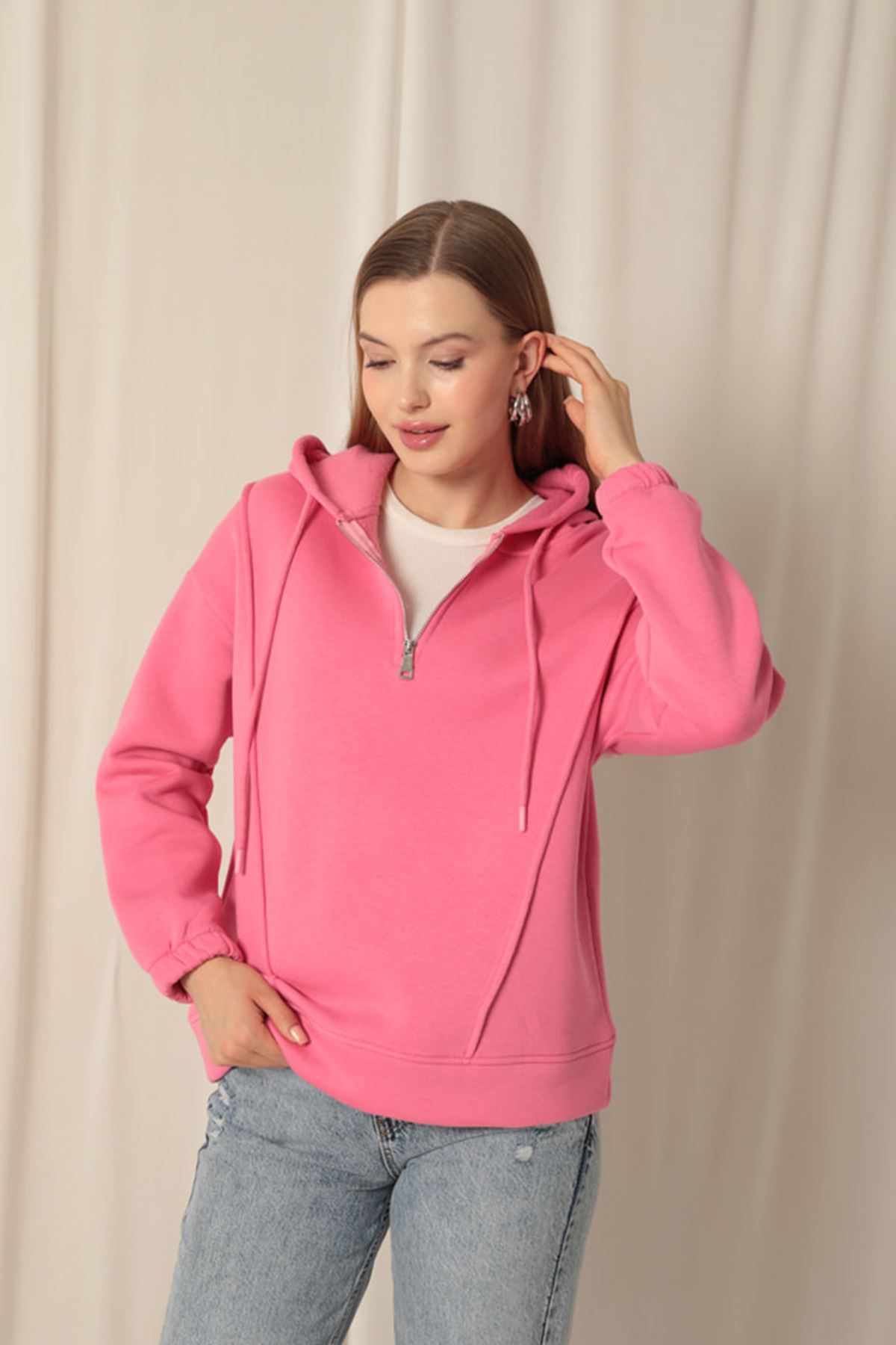 Üç%20İplik%20Kumaş%20Fermuarlı%20Kadın%20Pembe%20Sweat