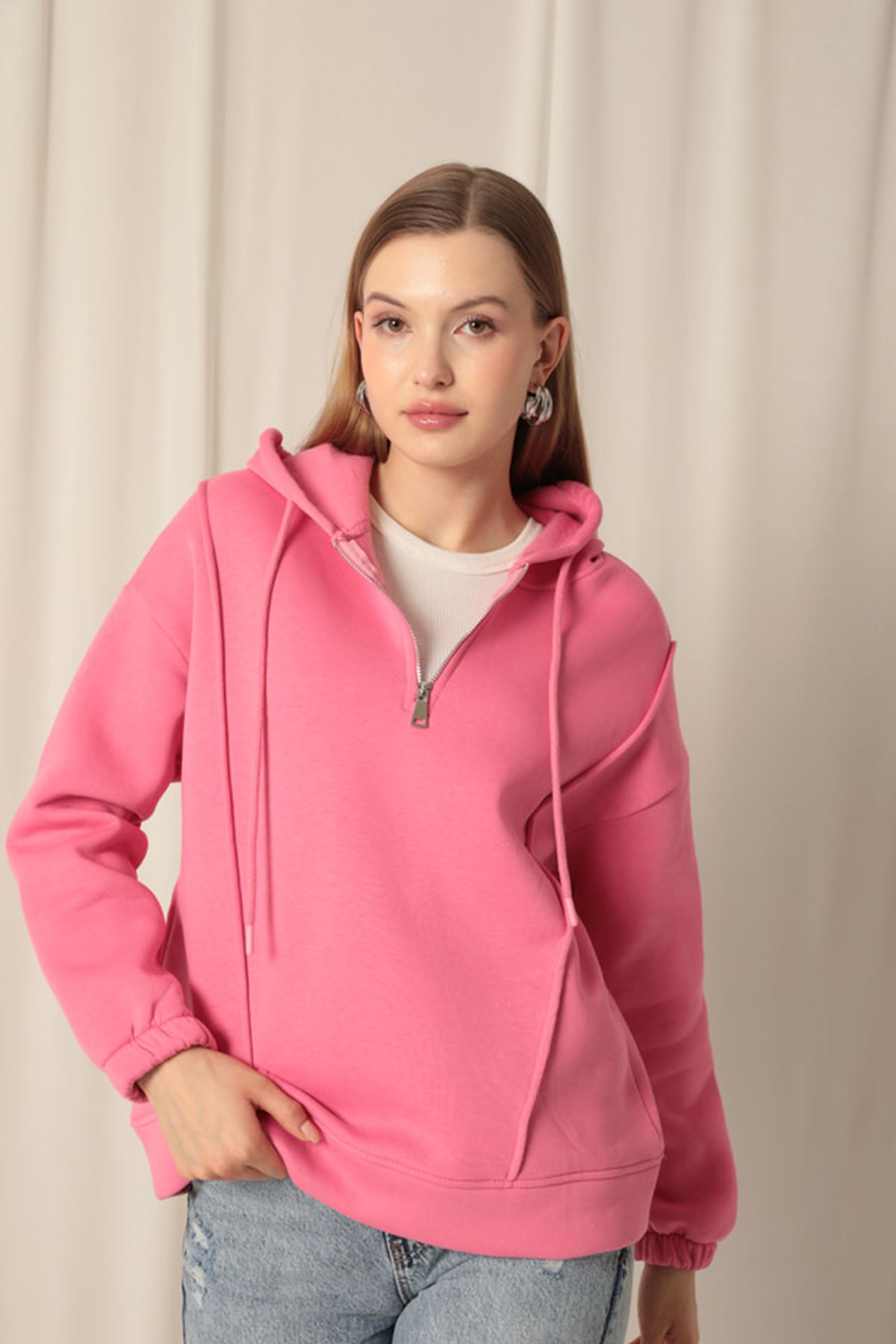 Üç%20İplik%20Kumaş%20Fermuarlı%20Kadın%20Pembe%20Sweat