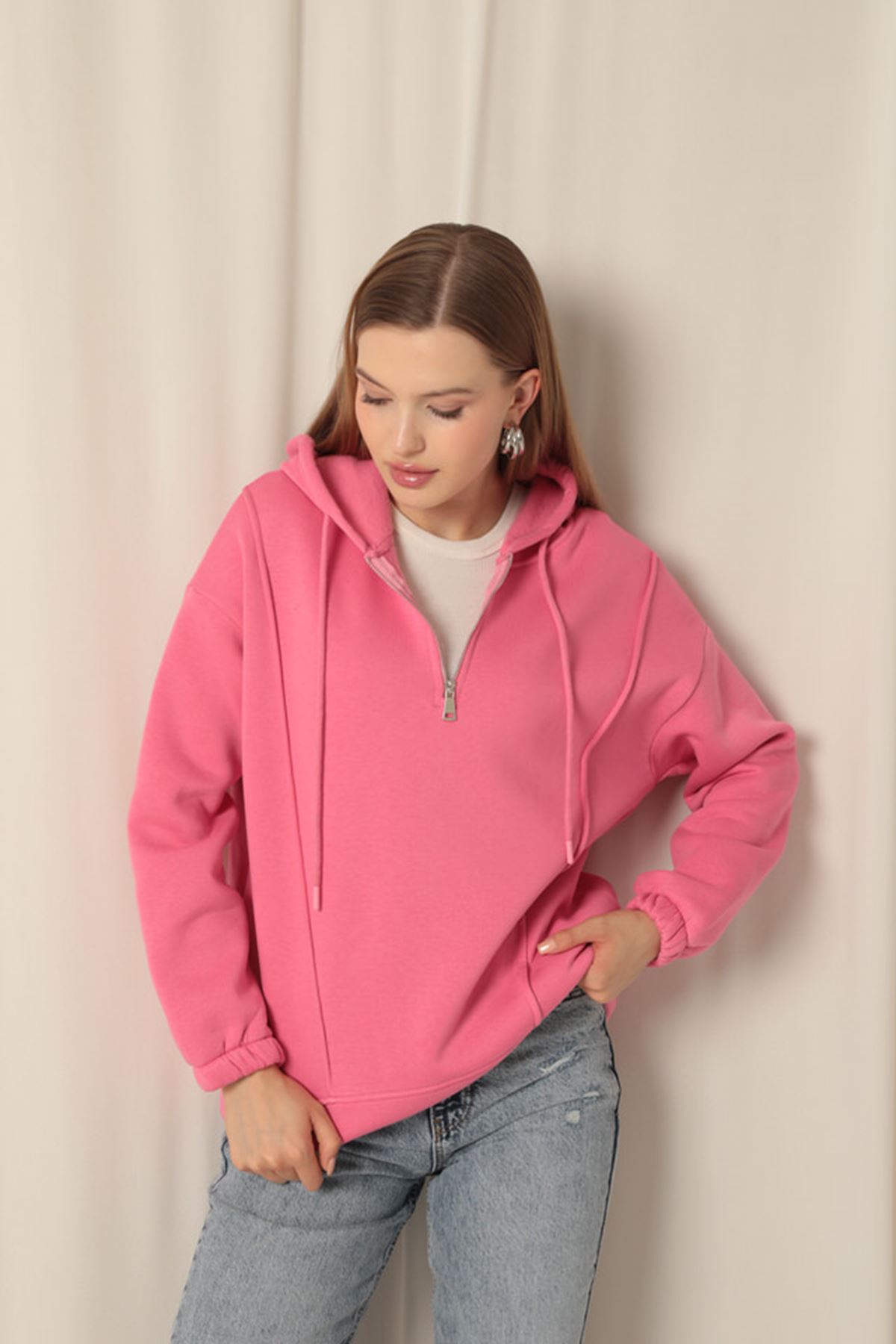 Üç%20İplik%20Kumaş%20Fermuarlı%20Kadın%20Pembe%20Sweat