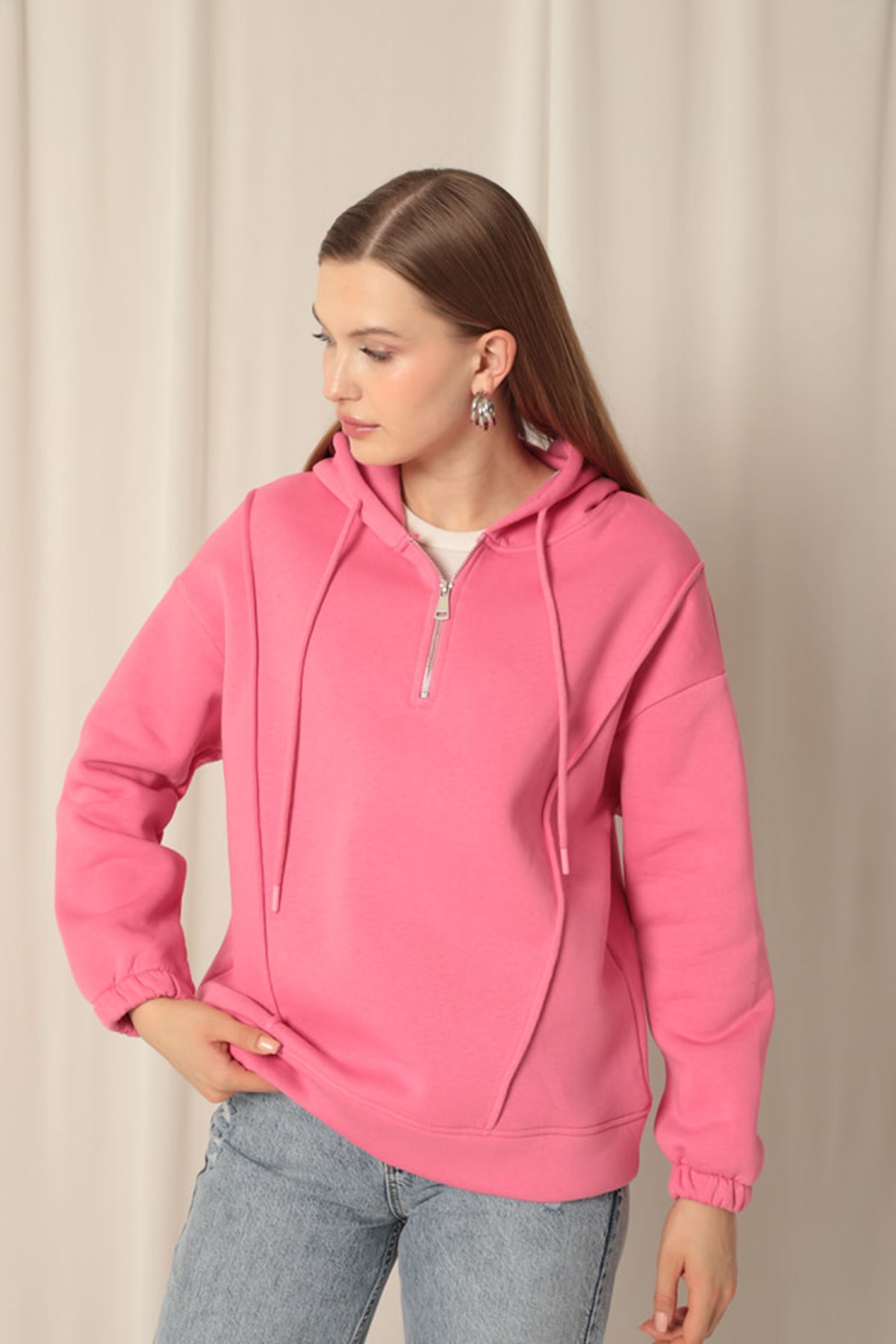 Üç%20İplik%20Kumaş%20Fermuarlı%20Kadın%20Pembe%20Sweat