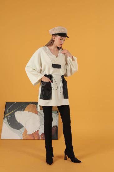 Petek Kumaş Garnili Oversize Kadın Sweat-Ekru