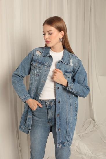 Denim Kumaş Uzun Kadın Mavi Kot Ceket