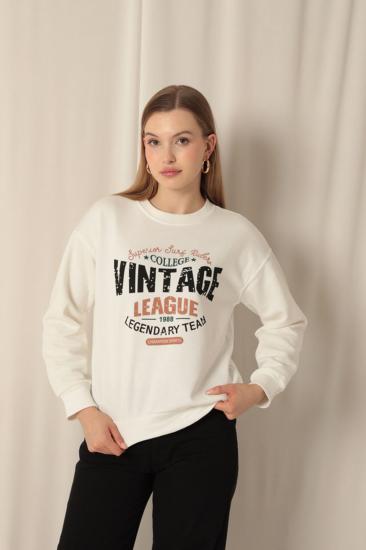 Üç İplik Kumaş Vintage Baskılı Kadın Ekru Sweat