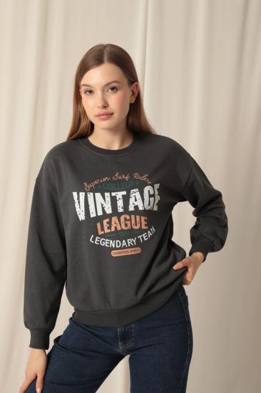 Üç İplik Vintage Baskılı Kadın Antrasit Sweat