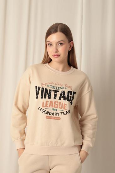 Üç İplik Kumaş Vintage Baskılı Kadın Bej Sweat