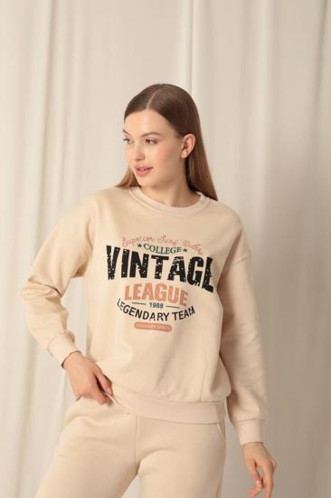 Üç İplik Kumaş Vintage Baskılı Kadın Bej Sweat