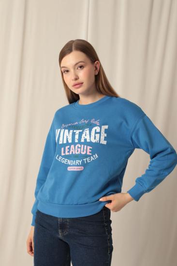 Üç İplik Kumaş Vintage Baskılı Kadın Mavi Sweat