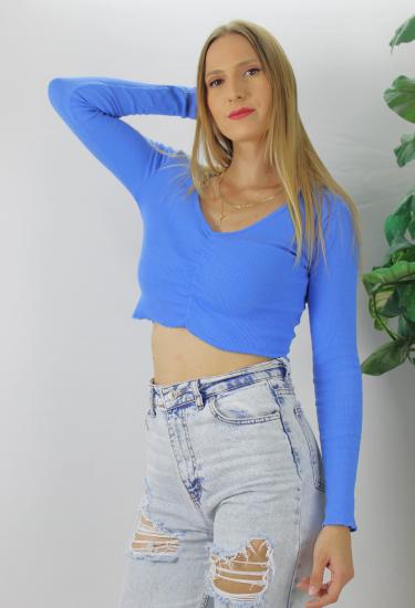 Büzgülü Fitilli Bluz Mavi  - 94574