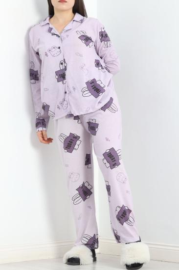 Baskılı Battal Pijama Takımı Lila - 778.1287.