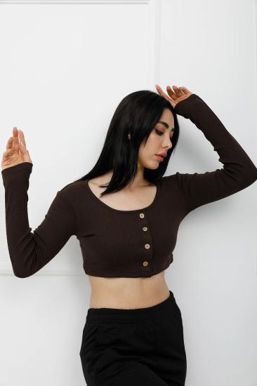 Düğmeli Mini Crop Bady Kahve - P-020494